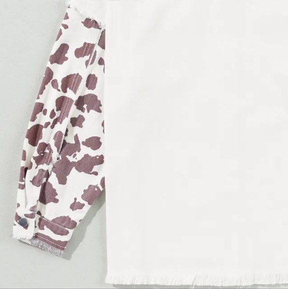 Cow Patchwork Oversized Denim Button-Up Collar Jean Jacket Frayed Exposed Seam - Picture 8 of 16